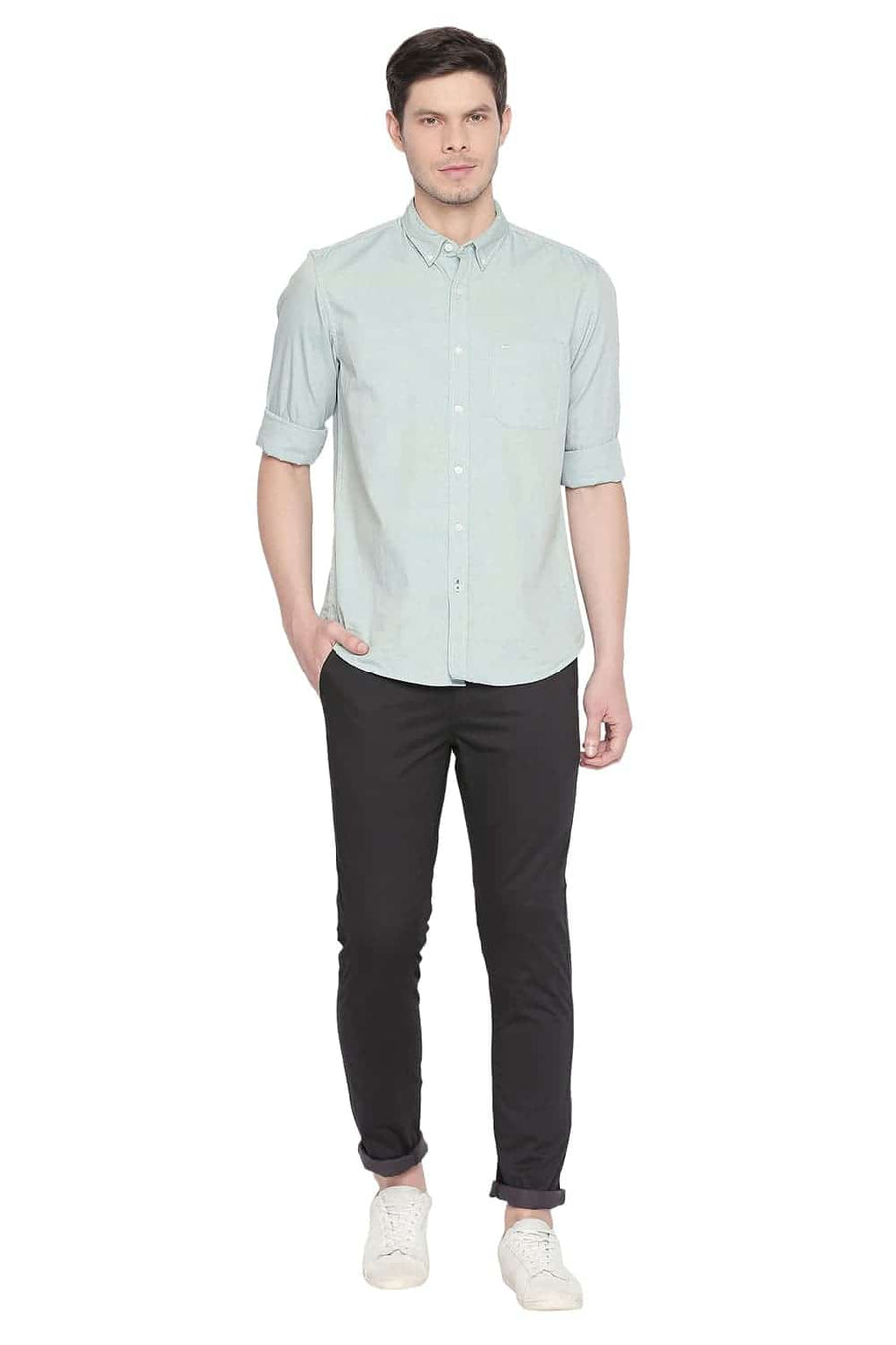 BASICS TAPERED FIT IRON GREY PRINTED STRETCH TROUSER