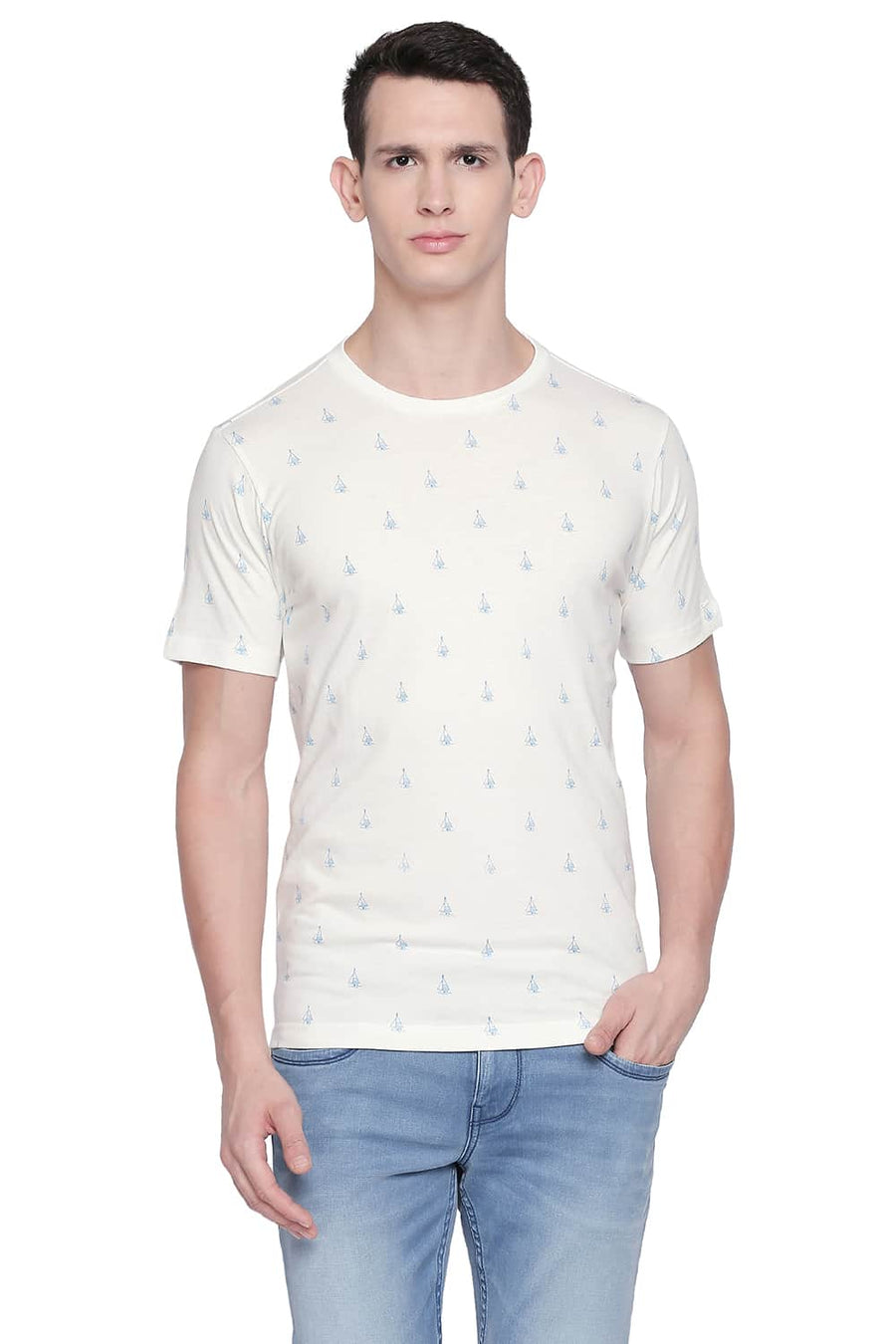 BASICS MUSCLE FIT CANNOLI CREAM PRINTED CREW NECK T SHIRT
