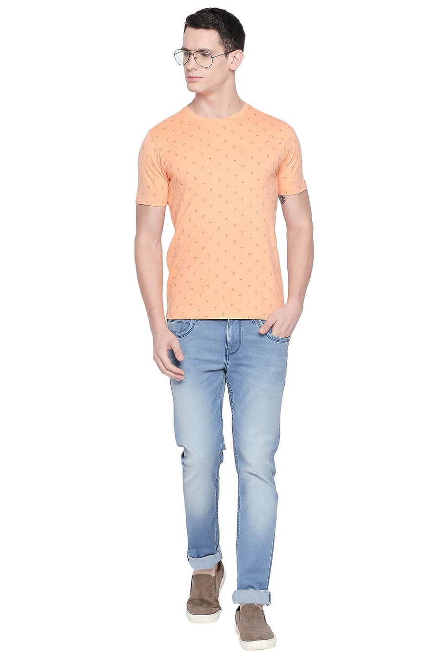 BASICS MUSCLE FIT PEACH COBBLER PRINTED CREW NECK T SHIRT