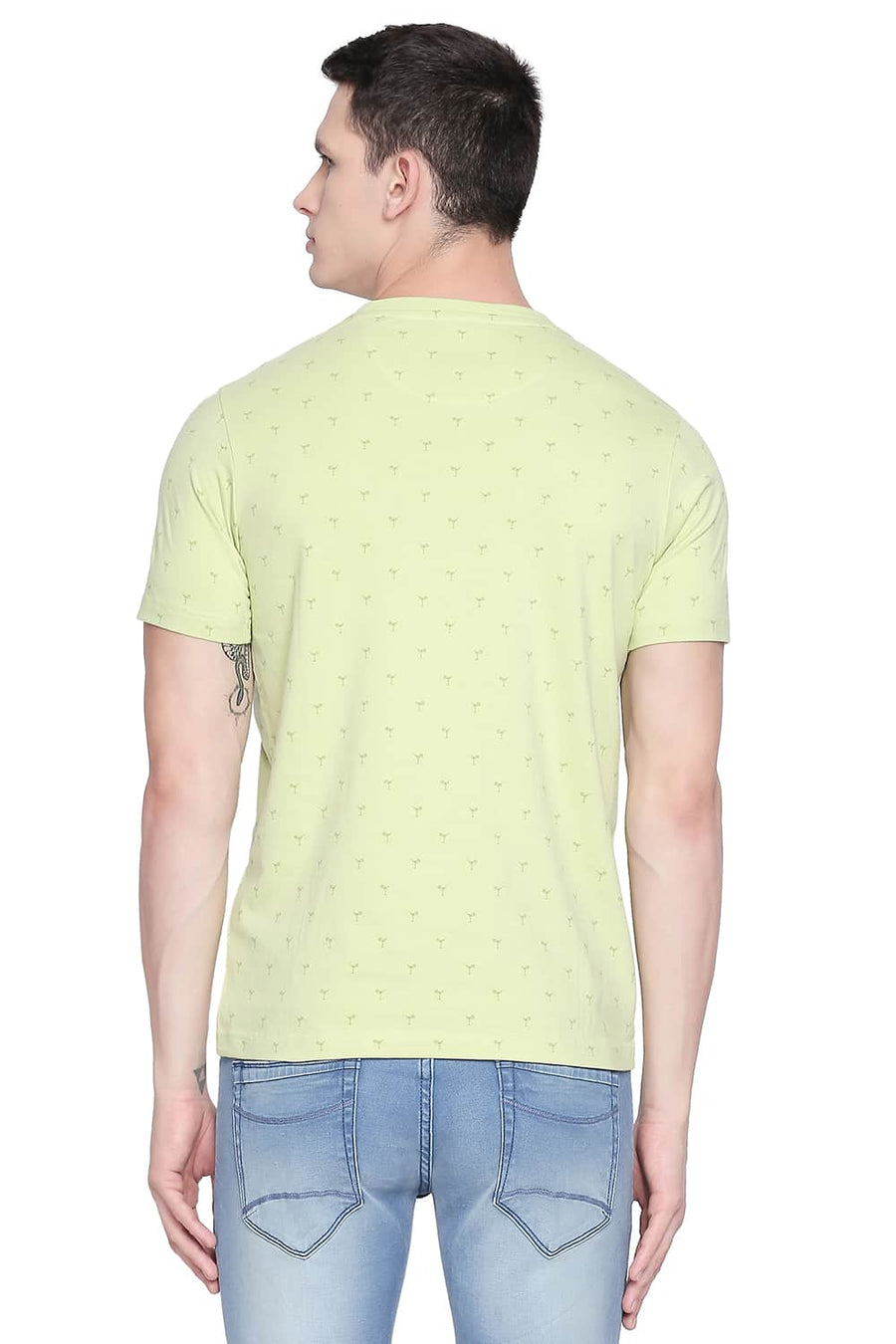 BASICS MUSCLE FIT LETTUCE GREEN PRINTED CREW NECK T SHIRT