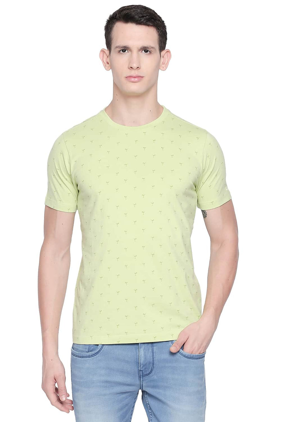 BASICS MUSCLE FIT LETTUCE GREEN PRINTED CREW NECK T SHIRT