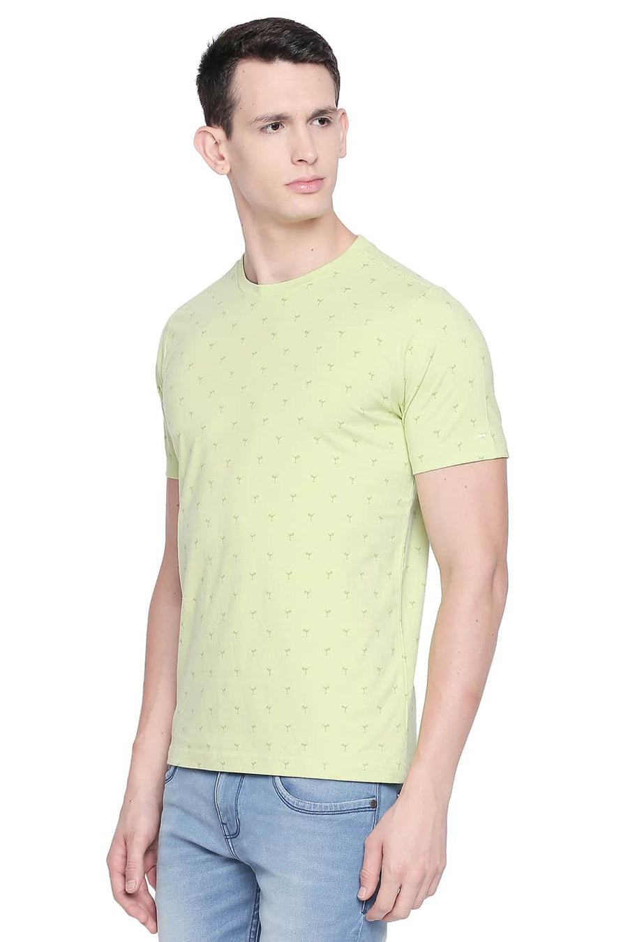 BASICS MUSCLE FIT LETTUCE GREEN PRINTED CREW NECK T SHIRT