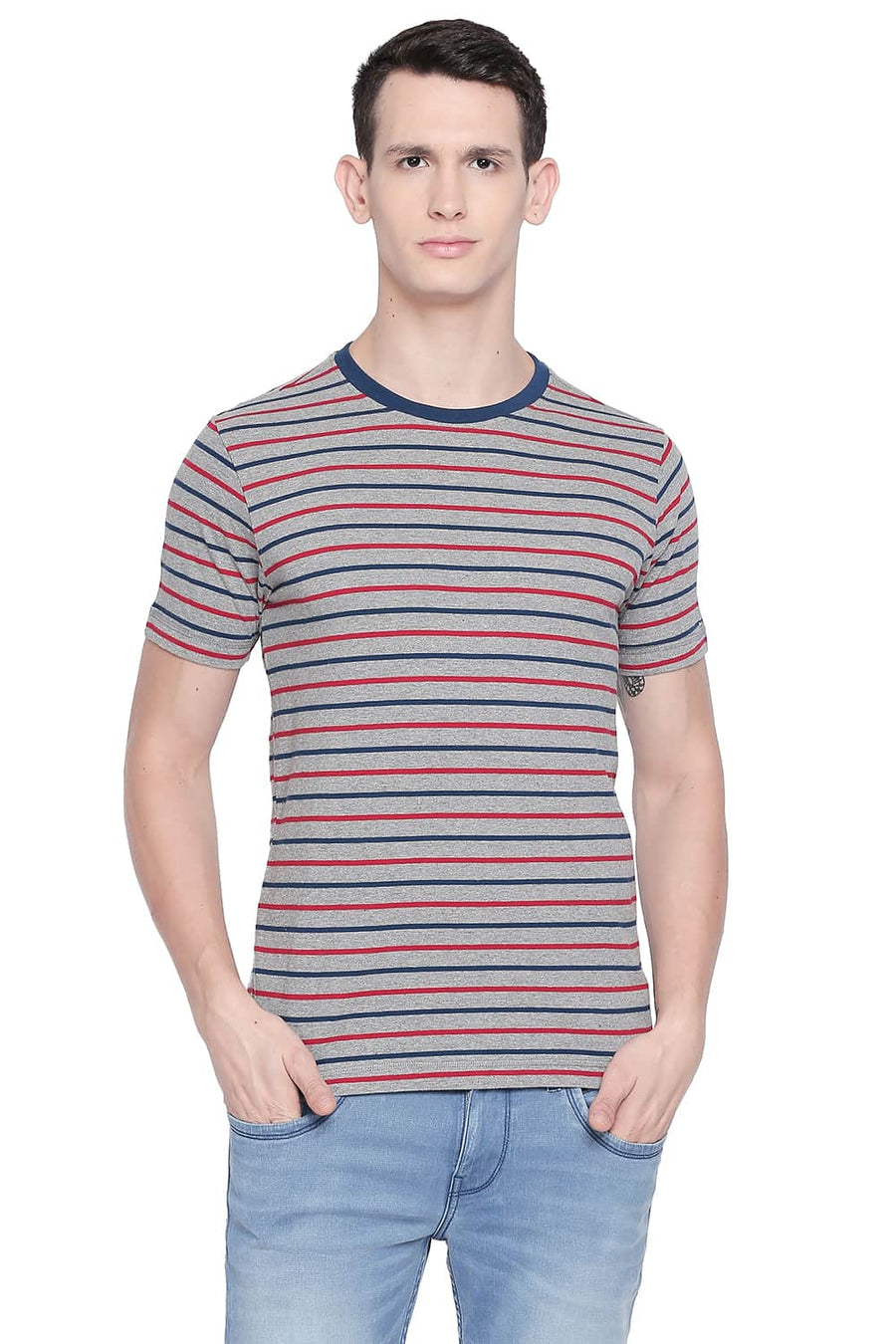 BASICS MUSCLE FIT HEATHER GREY CREW NECK T SHIRT