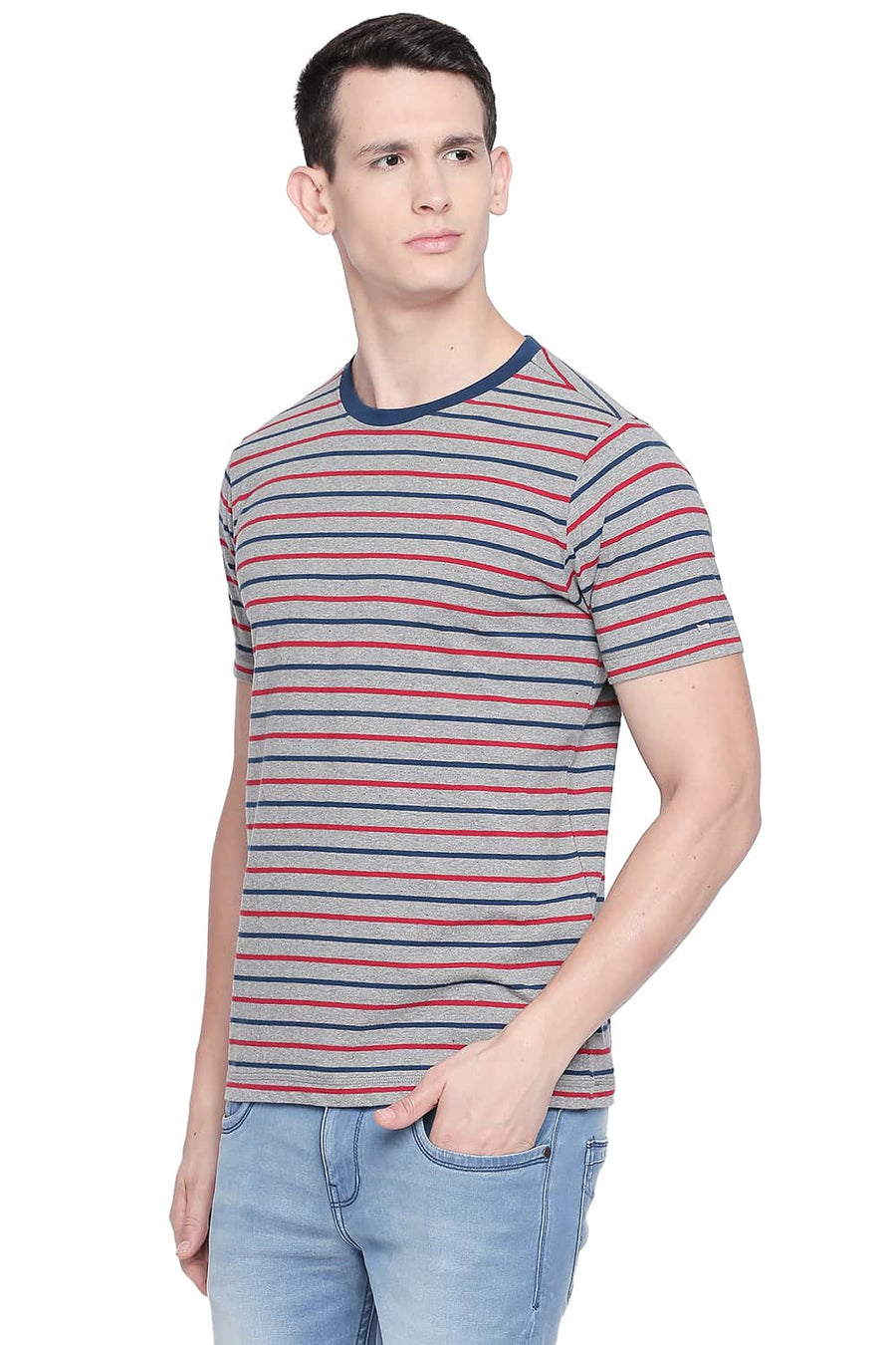 BASICS MUSCLE FIT HEATHER GREY CREW NECK T SHIRT