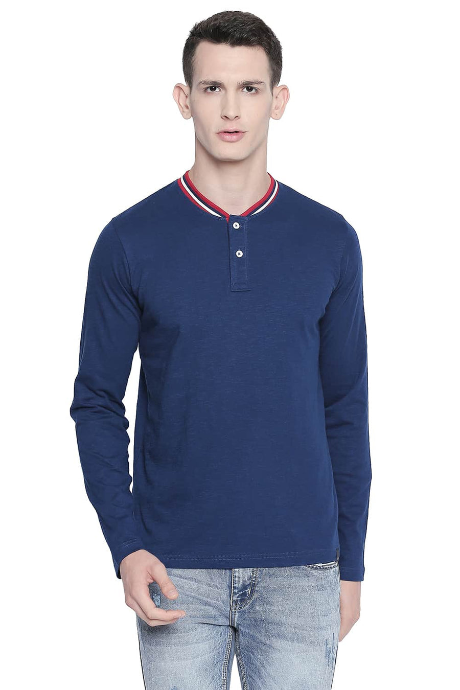 BASICS MUSCLE FIT ESTATE BLUE HENLEY T SHIRT