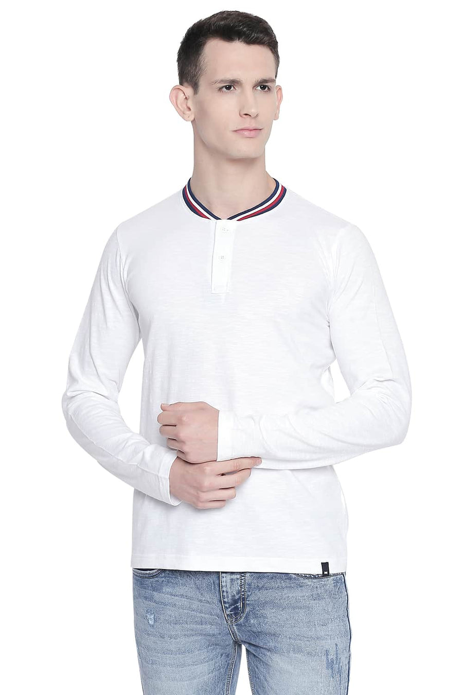 BASICS MUSCLE FIT BRIGHT WHITE HENLEY T SHIRT