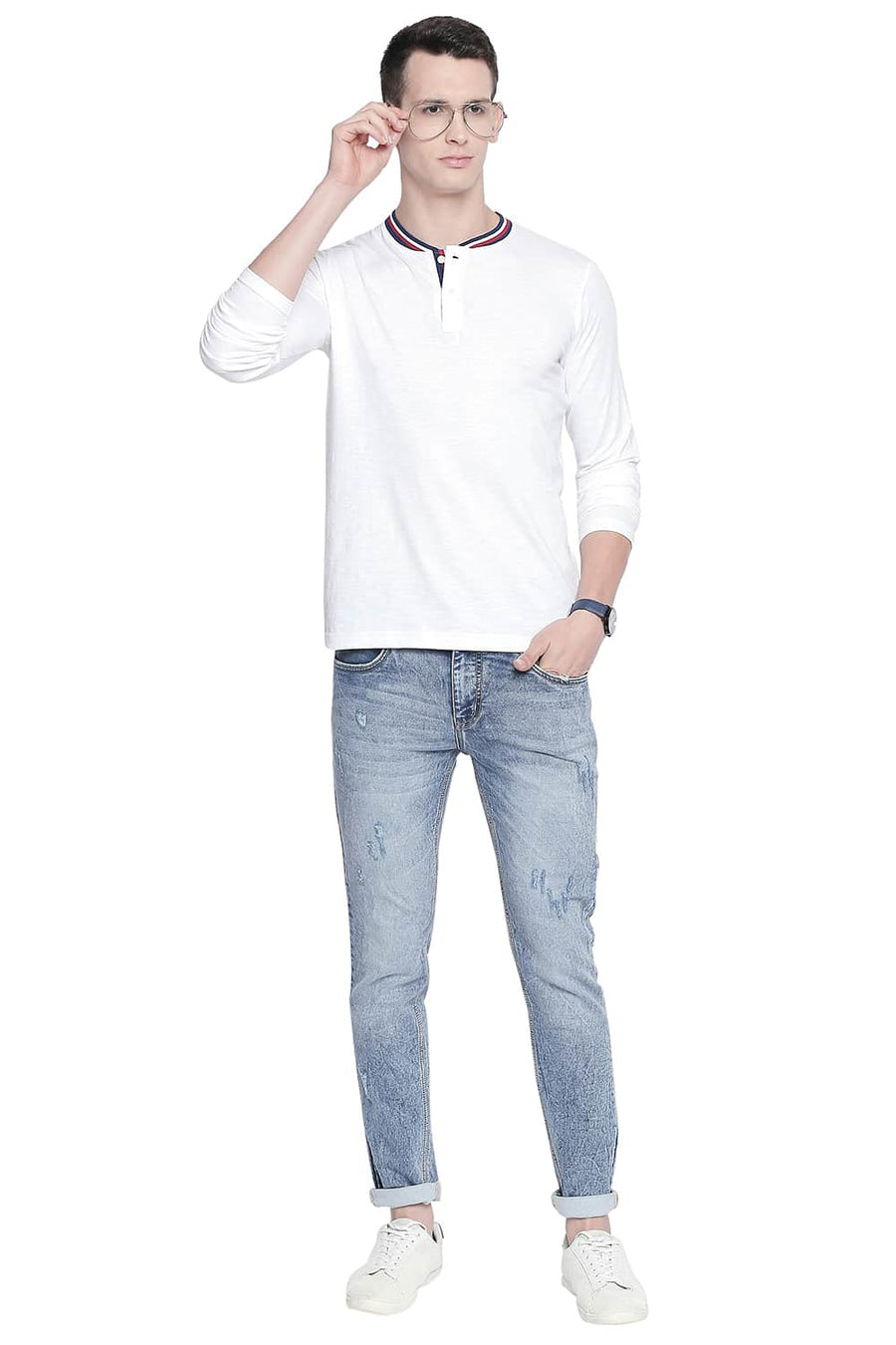 BASICS MUSCLE FIT BRIGHT WHITE HENLEY T SHIRT