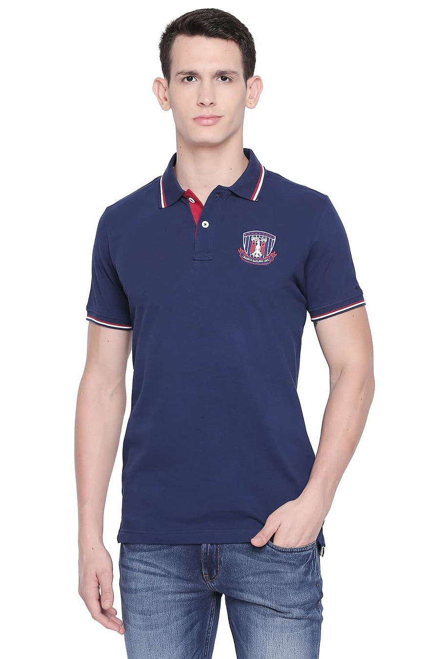 BASICS MUSCLE FIT ESTATE BLUE POLO T SHIRT