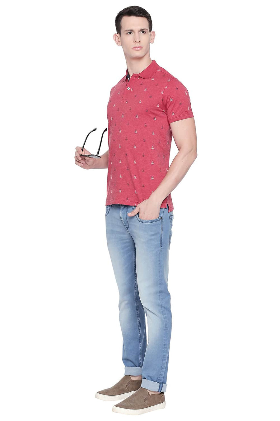 BASICS MUSCLE FIT SCOOTER HEATHER PRINTED POLO T SHIRT