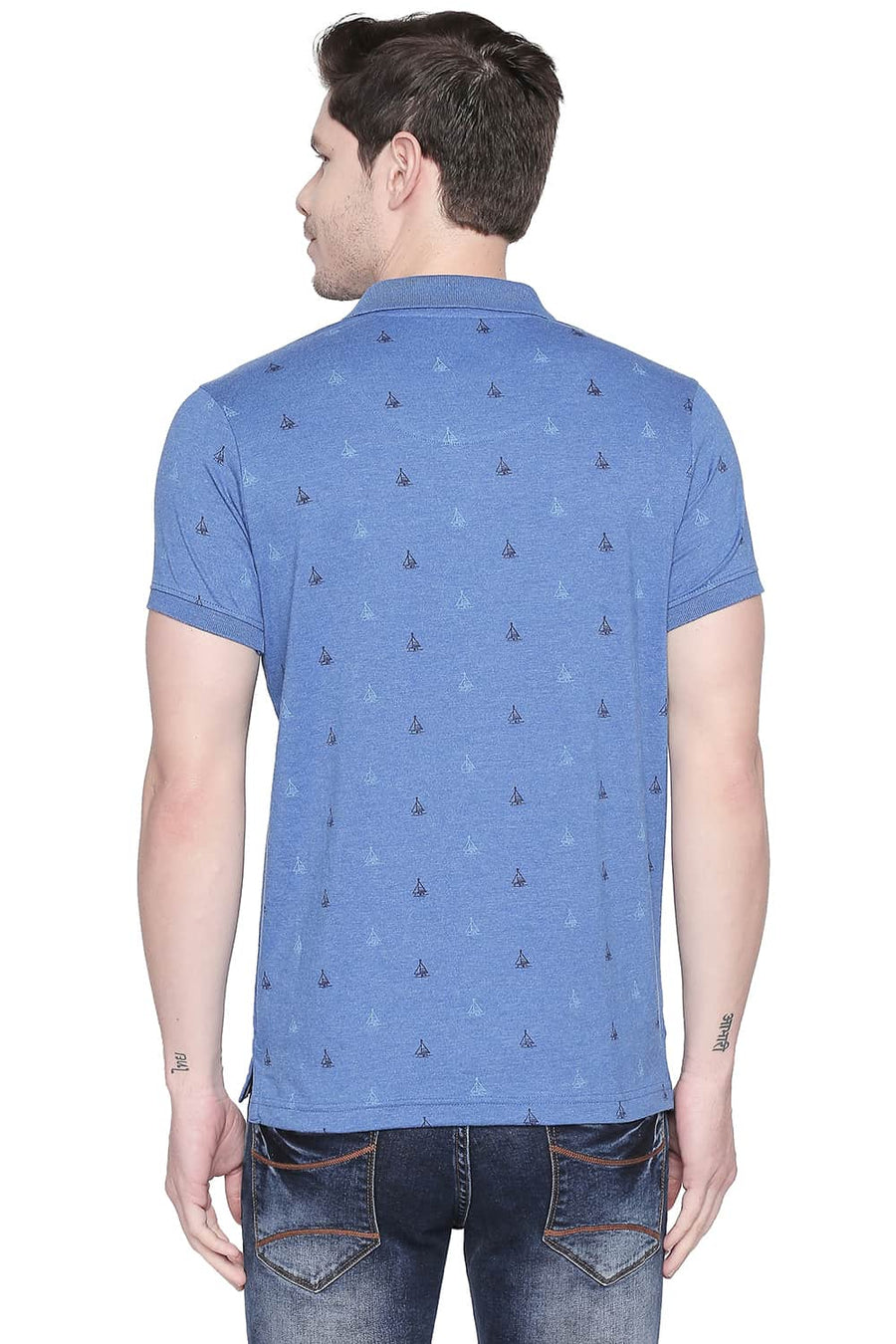 BASICS MUSCLE FIT BALEINE BLUE PRINTED POLO T SHIRT