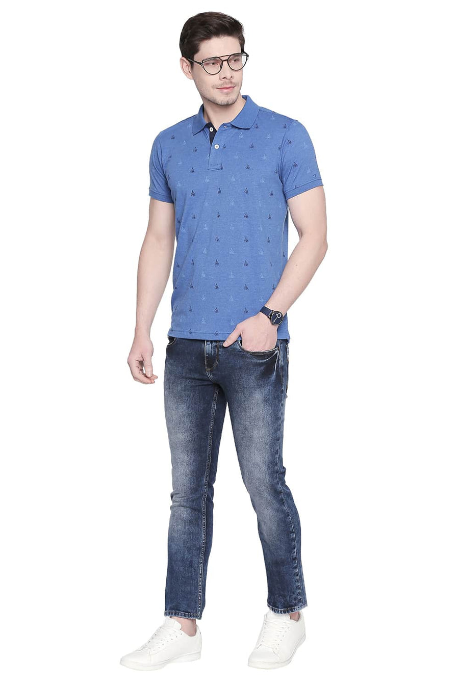 BASICS MUSCLE FIT BALEINE BLUE PRINTED POLO T SHIRT