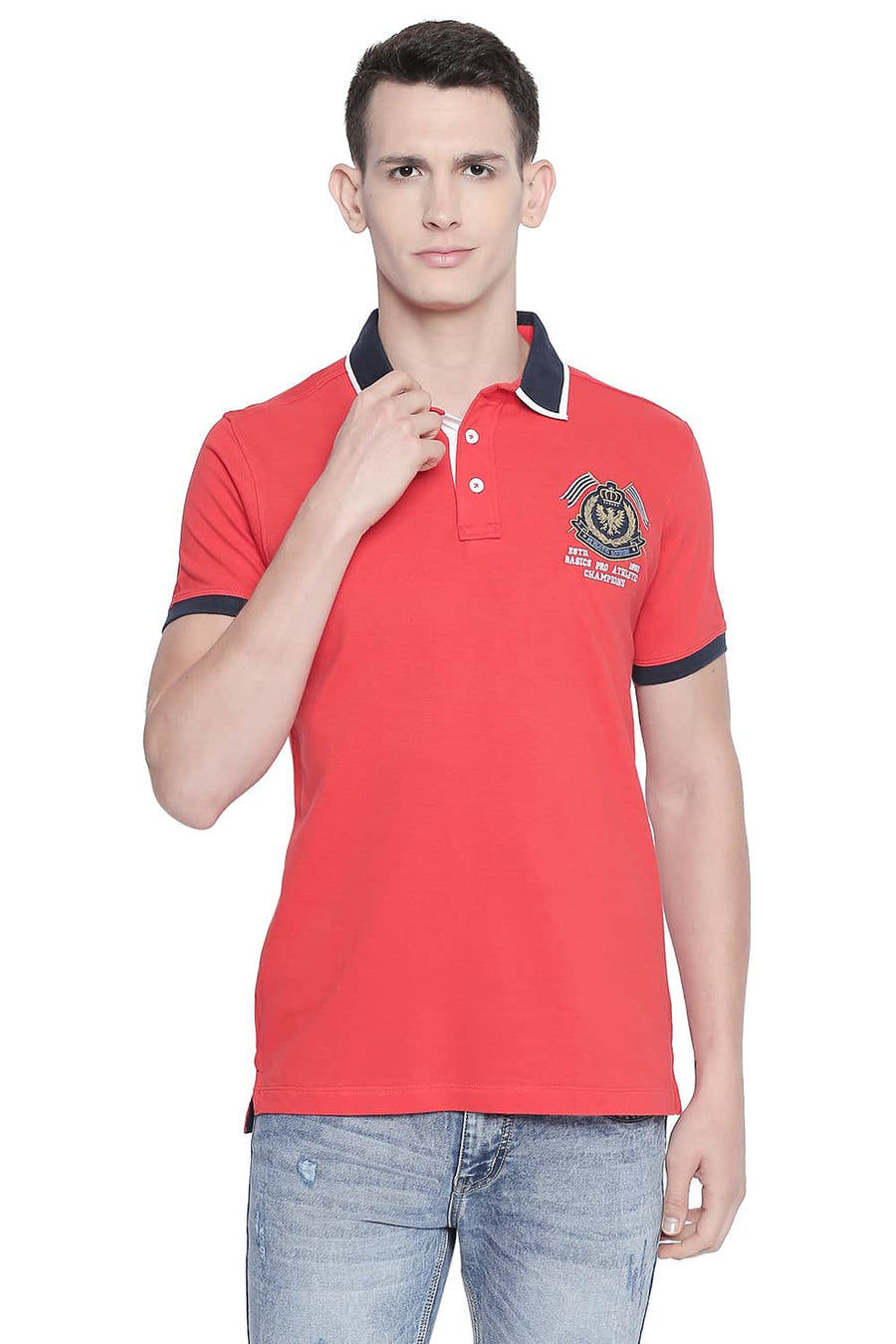 BASICS MUSCLE FIT FIERY RED RUGBY POLO T SHIRT