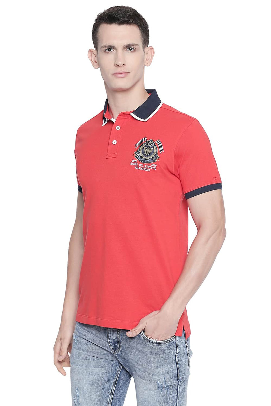 BASICS MUSCLE FIT FIERY RED RUGBY POLO T SHIRT