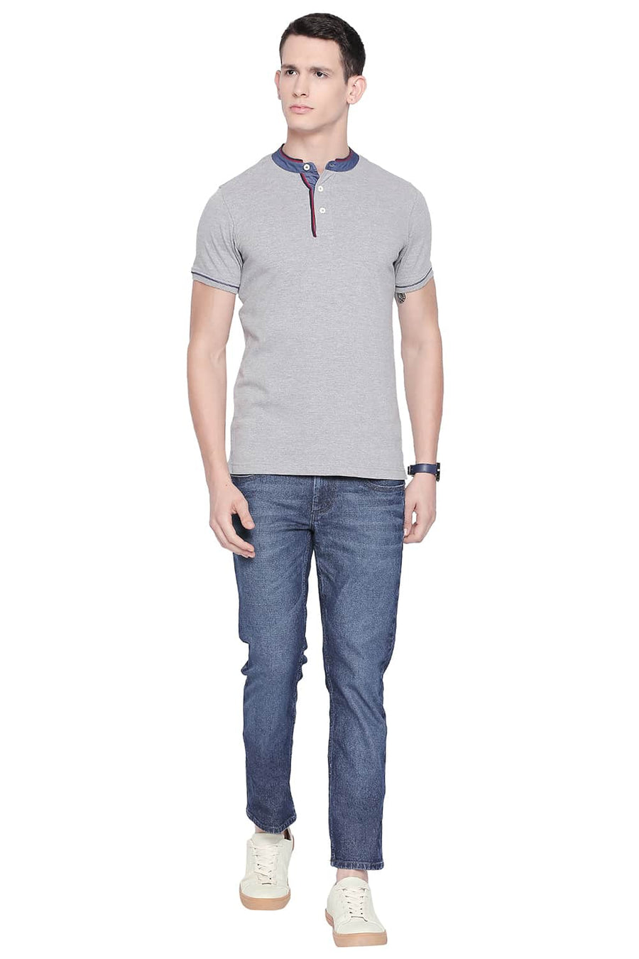 BASICS MUSCLE FIT HEATHER GREY MANDARIN POLO T SHIRT