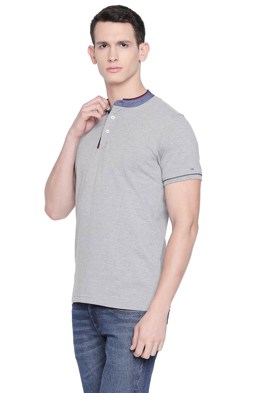 BASICS MUSCLE FIT HEATHER GREY MANDARIN POLO T SHIRT