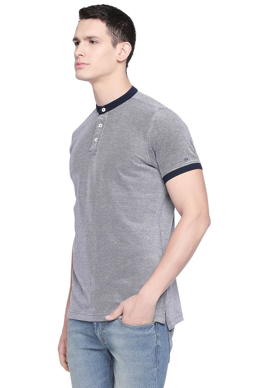 BASICS MUSCLE FIT DRESS BLUE MANDARIN POLO T SHIRT