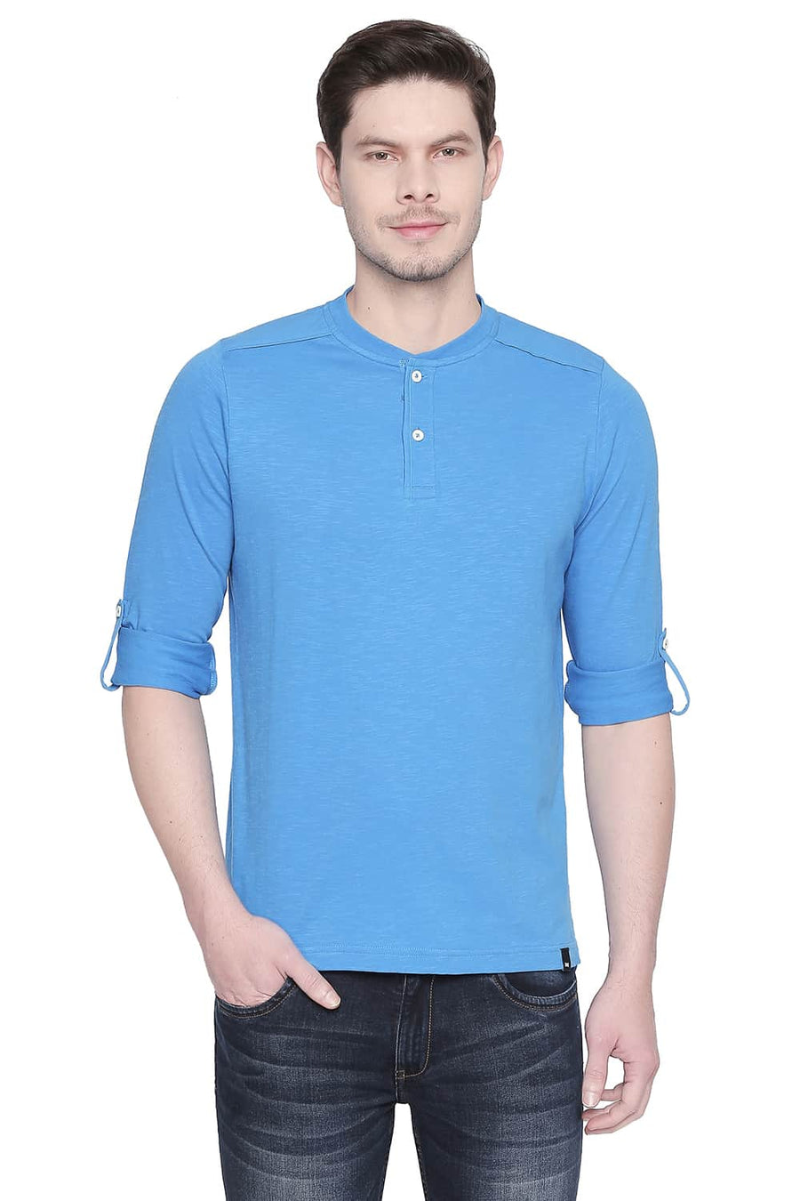 BASICS MUSCLE FIT FRENCH BLUE HENLEY T SHIRT