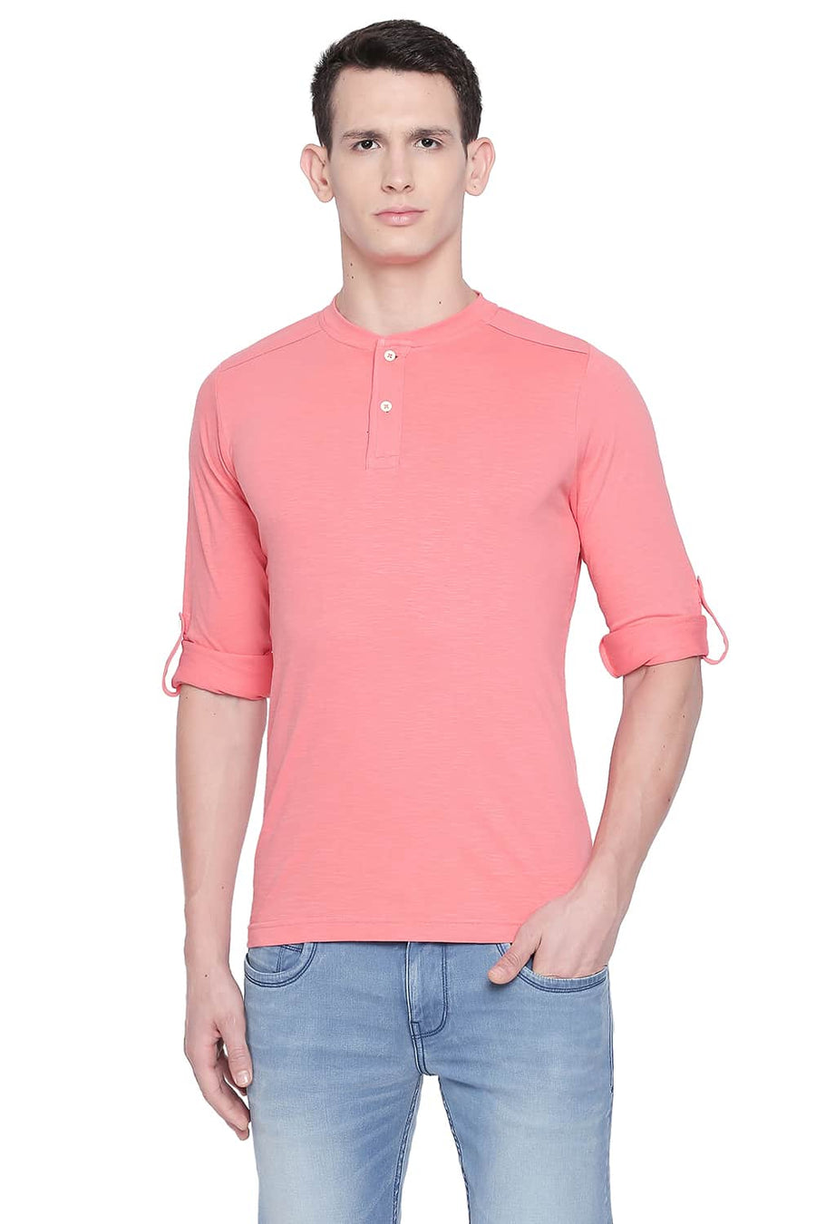 BASICS MUSCLE FIT POPCELAIN ROSE HENLEY T SHIRT