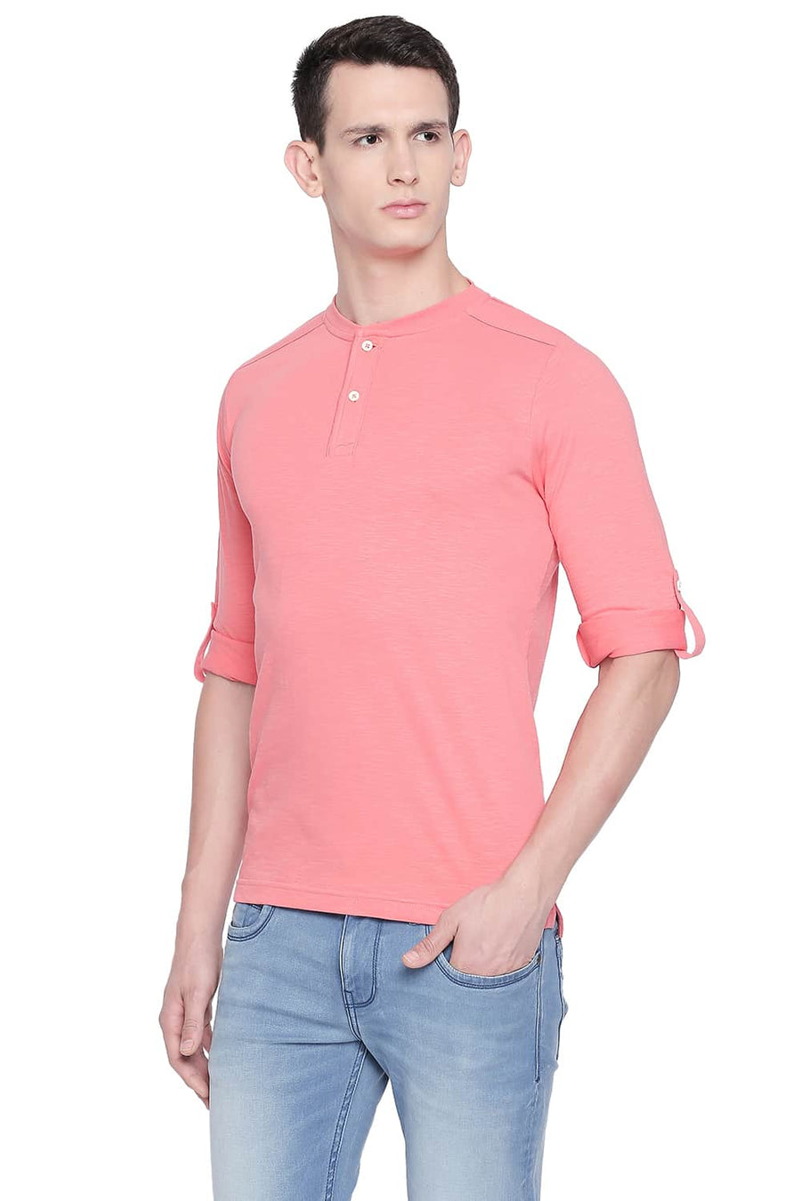BASICS MUSCLE FIT POPCELAIN ROSE HENLEY T SHIRT