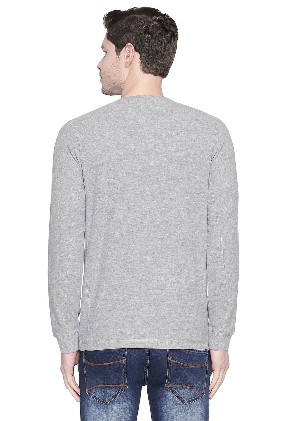 BASICS MUSCLE FIT HEATHER GREY HENLEY T SHIRT