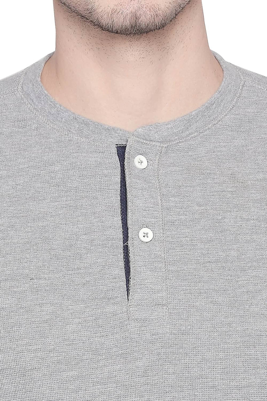 BASICS MUSCLE FIT HEATHER GREY HENLEY T SHIRT