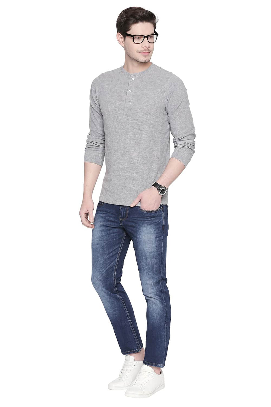 BASICS MUSCLE FIT HEATHER GREY HENLEY T SHIRT
