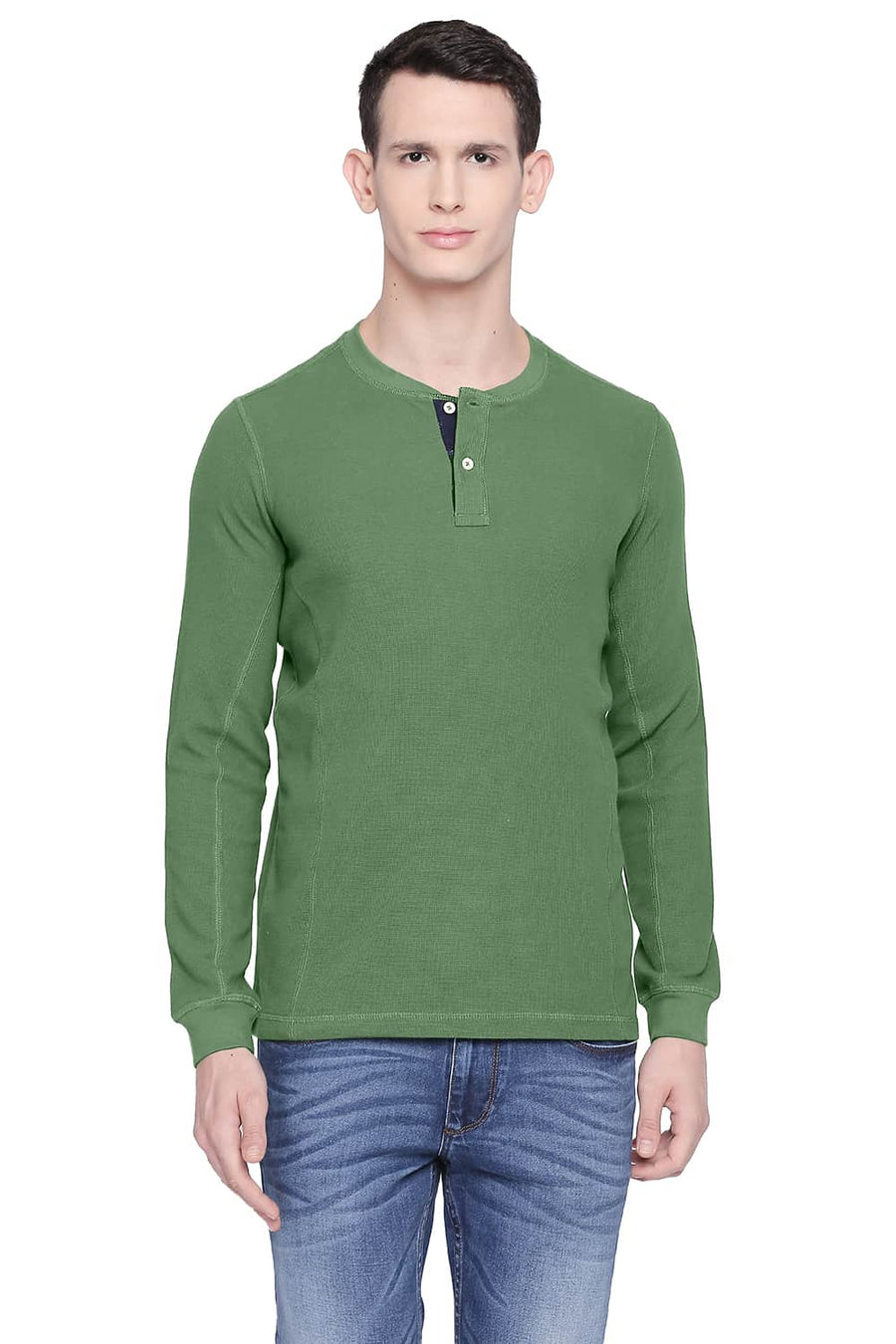 BASICS MUSCLE FIT TURF GREEN HENLEY T SHIRT