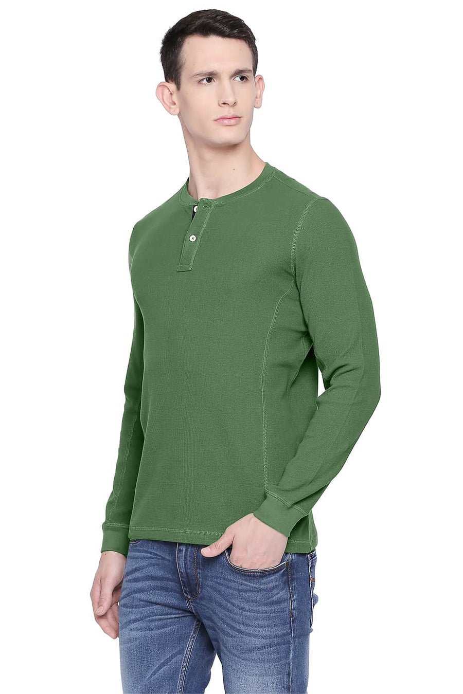 BASICS MUSCLE FIT TURF GREEN HENLEY T SHIRT