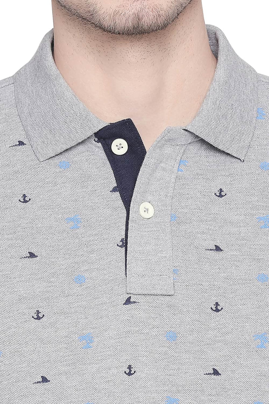 BASICS MUSCLE FIT HEATHER GREY PRINTED POLO T SHIRT