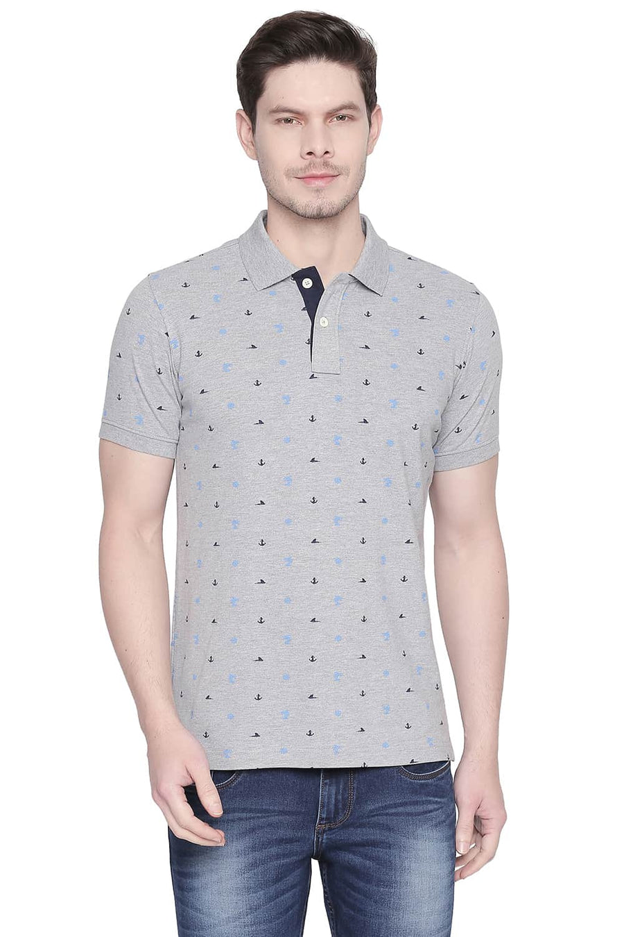 BASICS MUSCLE FIT HEATHER GREY PRINTED POLO T SHIRT