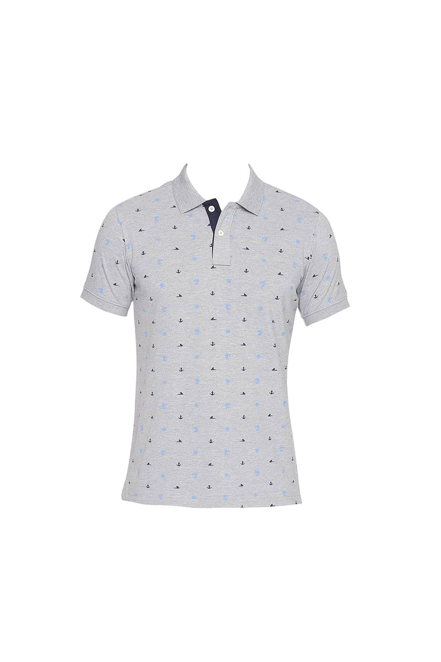 BASICS MUSCLE FIT HEATHER GREY PRINTED POLO T SHIRT