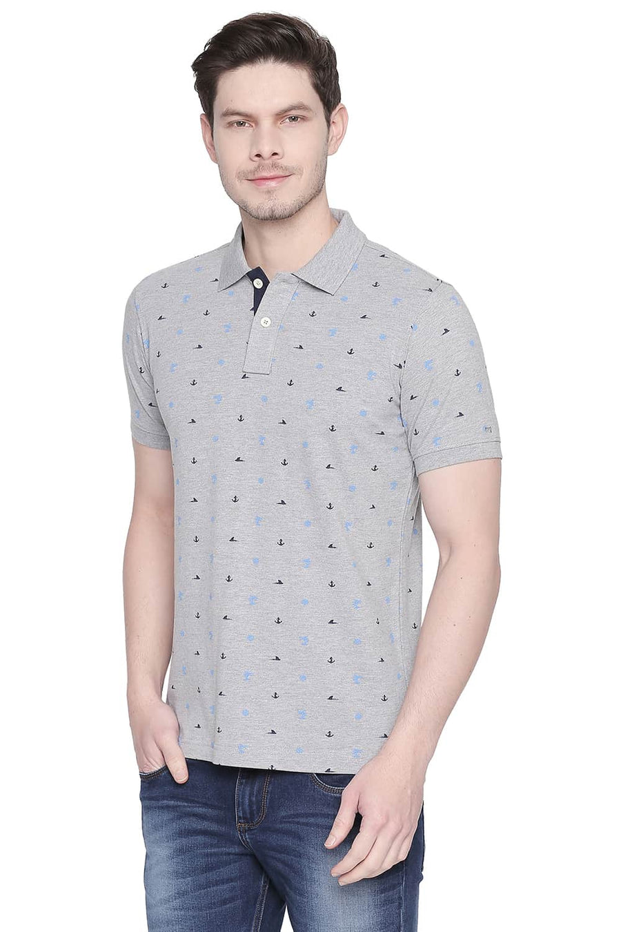 BASICS MUSCLE FIT HEATHER GREY PRINTED POLO T SHIRT
