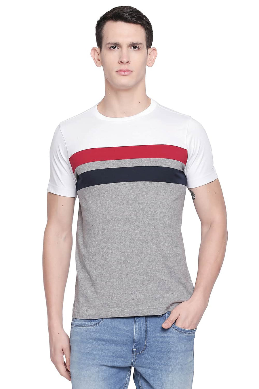 BASICS MUSCLE FIT HEATHER GREY CREW NECK T SHIRT