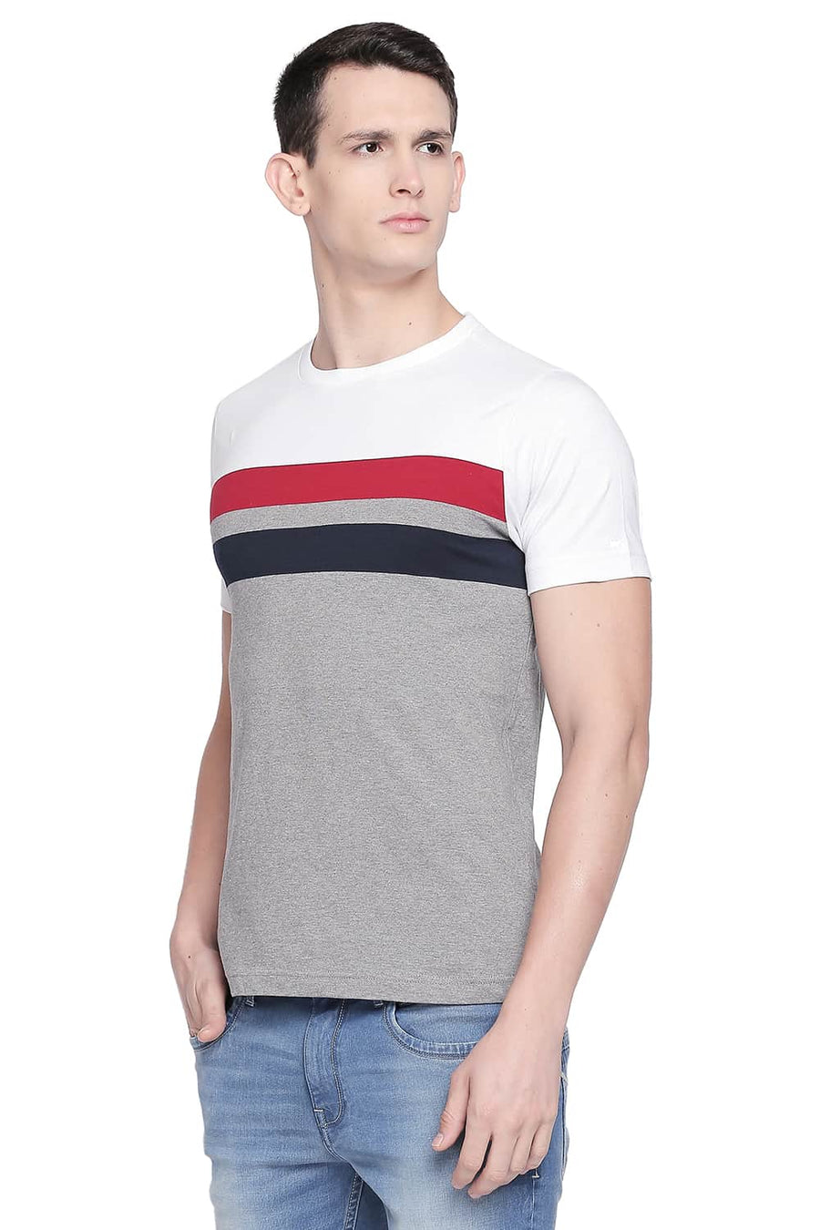 BASICS MUSCLE FIT HEATHER GREY CREW NECK T SHIRT