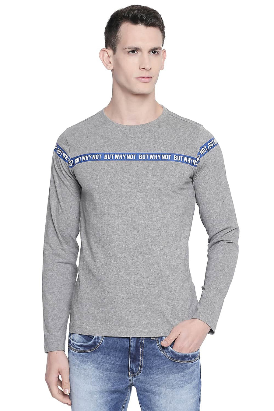 BASICS MUSCLE FIT HEATHER GREY CREW NECK T SHIRT