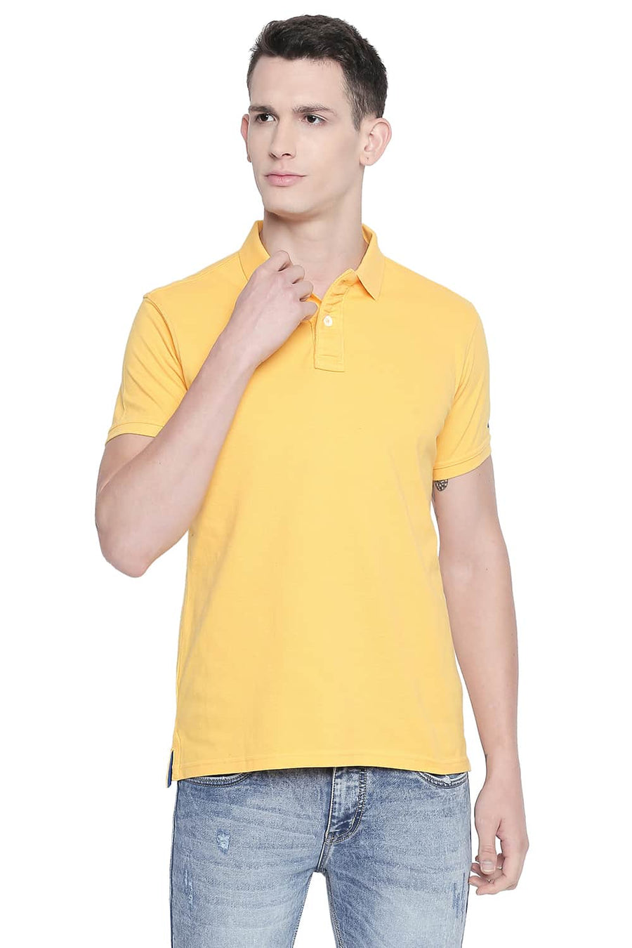 BASICS MUSCLE FIT YELLOW PIQU POLO T-SHIRT