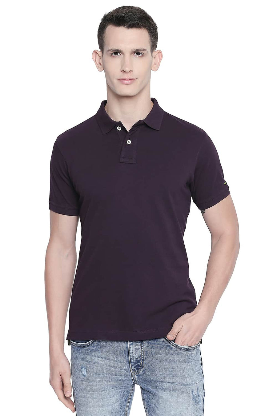 BASICS MUSCLE FIT PURPLE PIQU POLO T-SHIRT