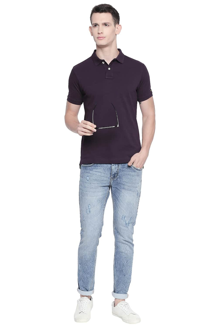 BASICS MUSCLE FIT PURPLE PIQU POLO T-SHIRT