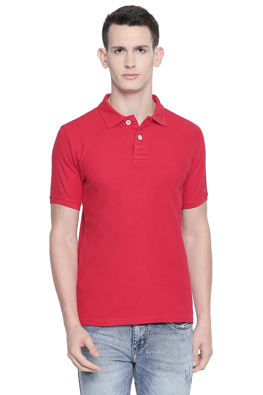 BASICS MUSCLE FIT RED PIQU POLO T-SHIRT