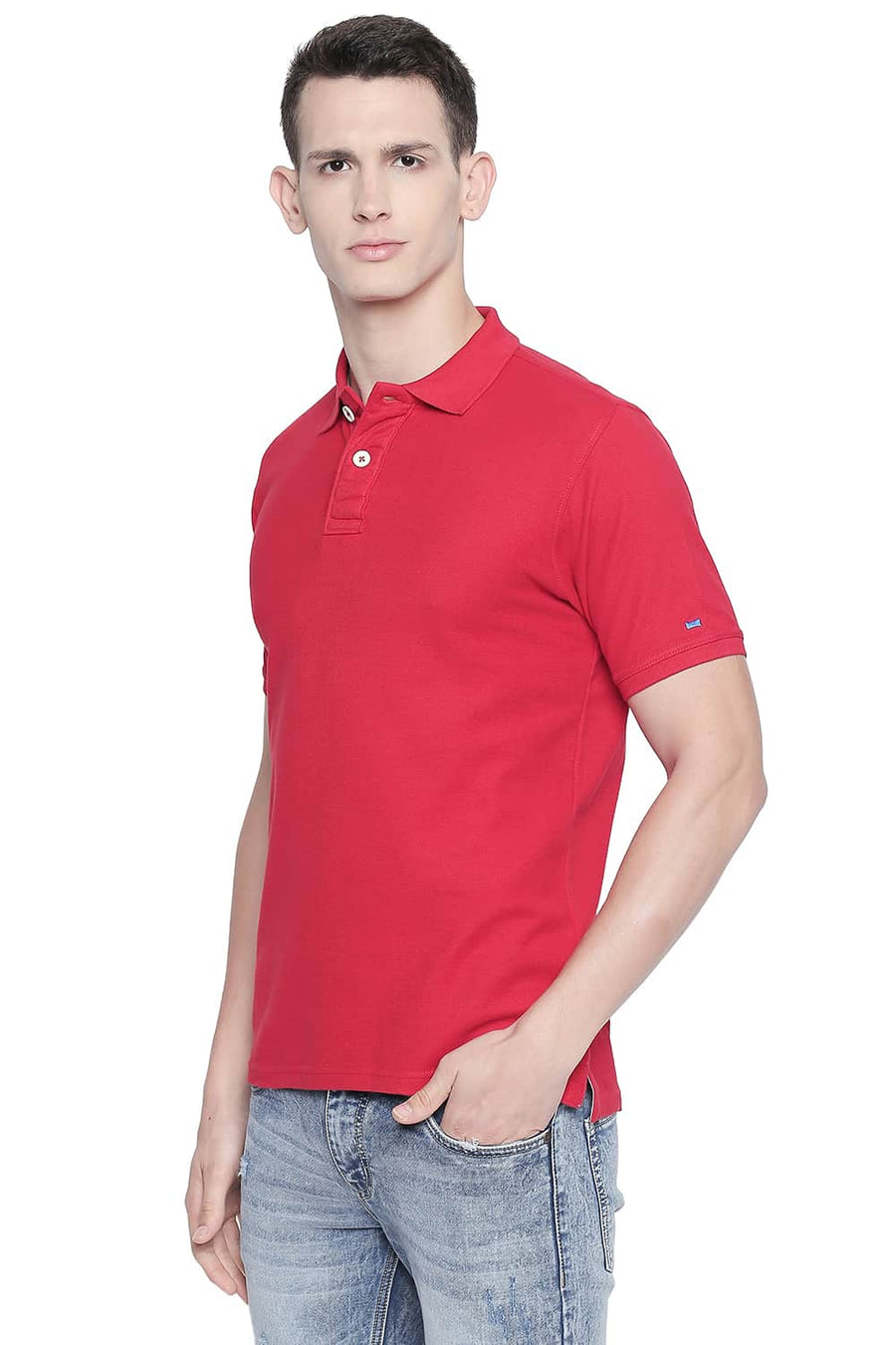 BASICS MUSCLE FIT RED PIQU POLO T-SHIRT