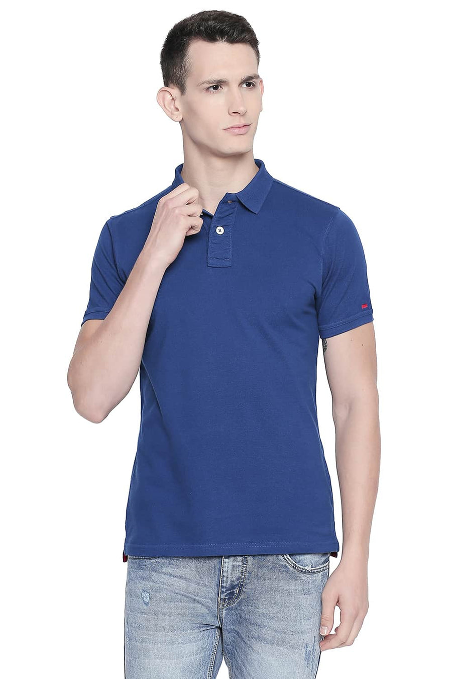 BASICS MUSCLE FIT BLUE PIQU POLO T-SHIRT