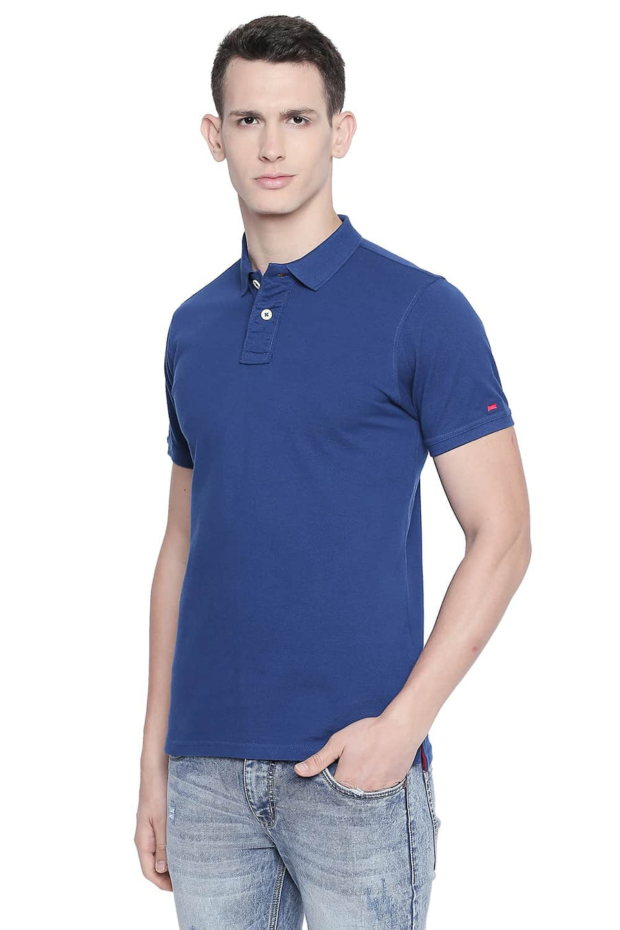 BASICS MUSCLE FIT BLUE PIQU POLO T-SHIRT