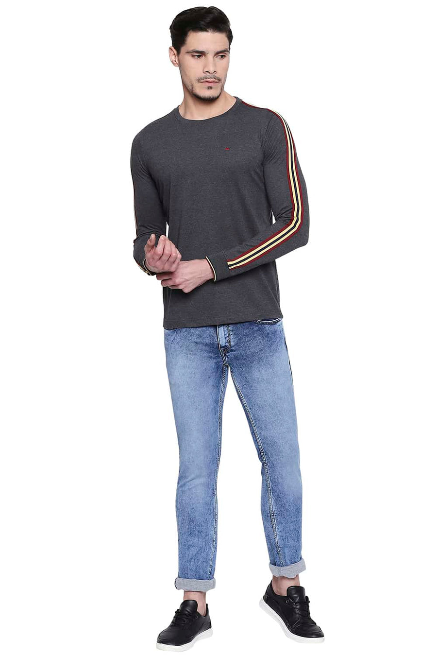 BASICS MUSCLE FIT CHARCOAL HEATHER CREW NECK T SHIRT