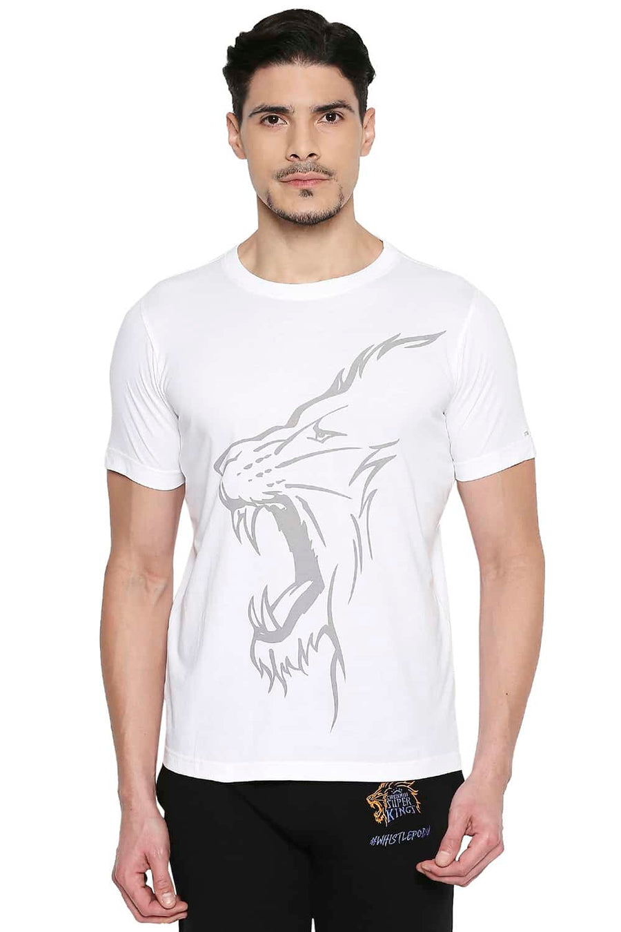 CSK ORIGINAL IPL ROARING LION PRINT WHITE CREW NECK T SHIRT
