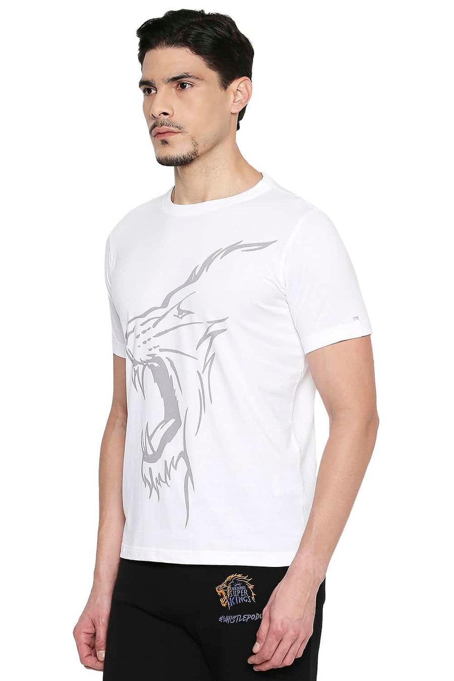 CSK ORIGINAL IPL ROARING LION PRINT WHITE CREW NECK T SHIRT