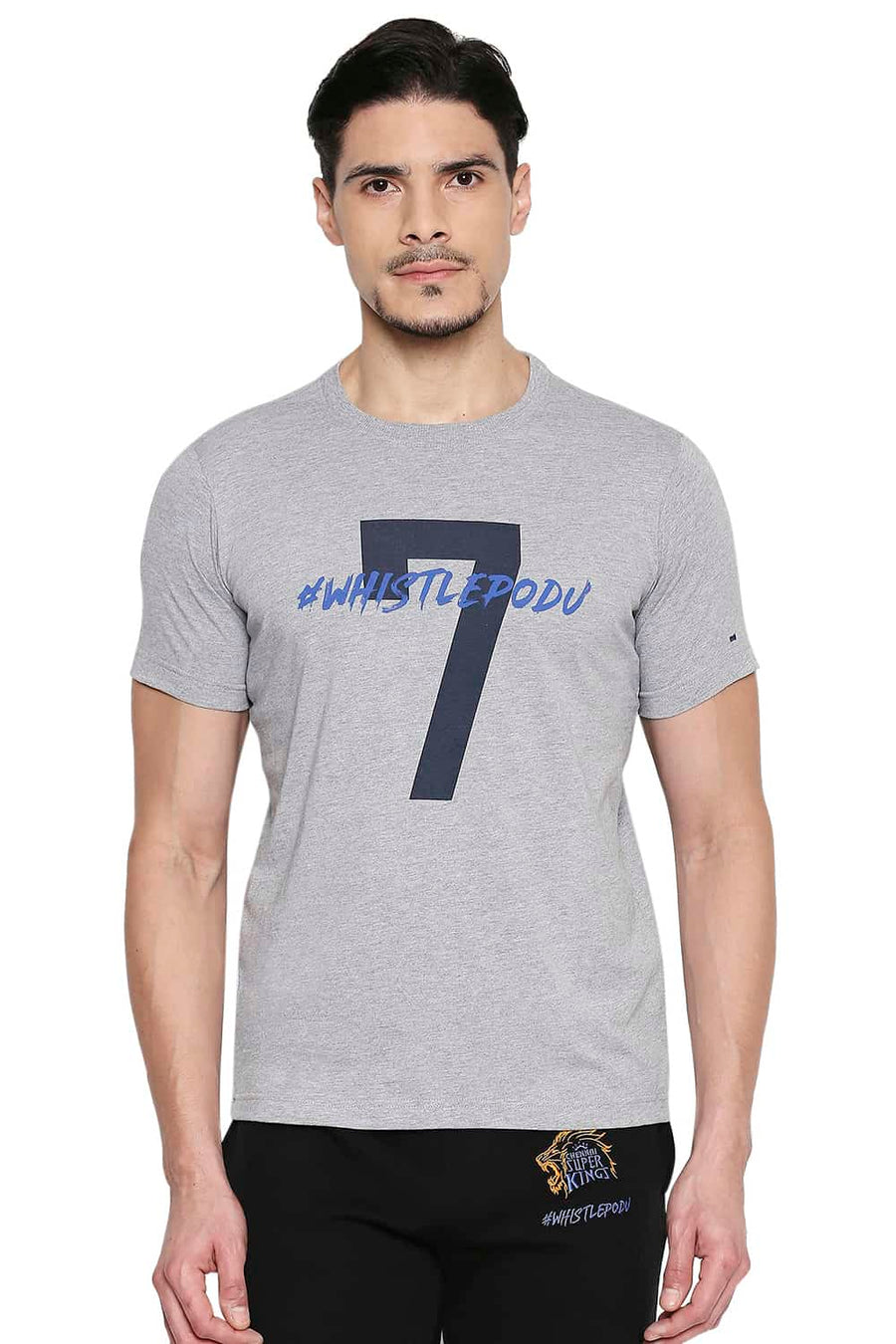 CSK ORIGINAL IPL WHISTGLE PODU GREY CREW NECK T SHIRT
