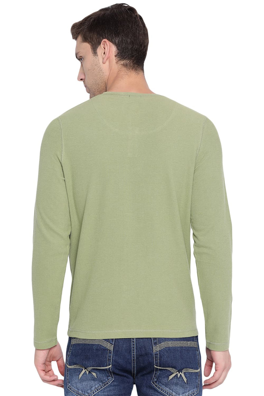 BASICS MUSCLE FIT IGUANA GREEN HENLEY T SHIRT