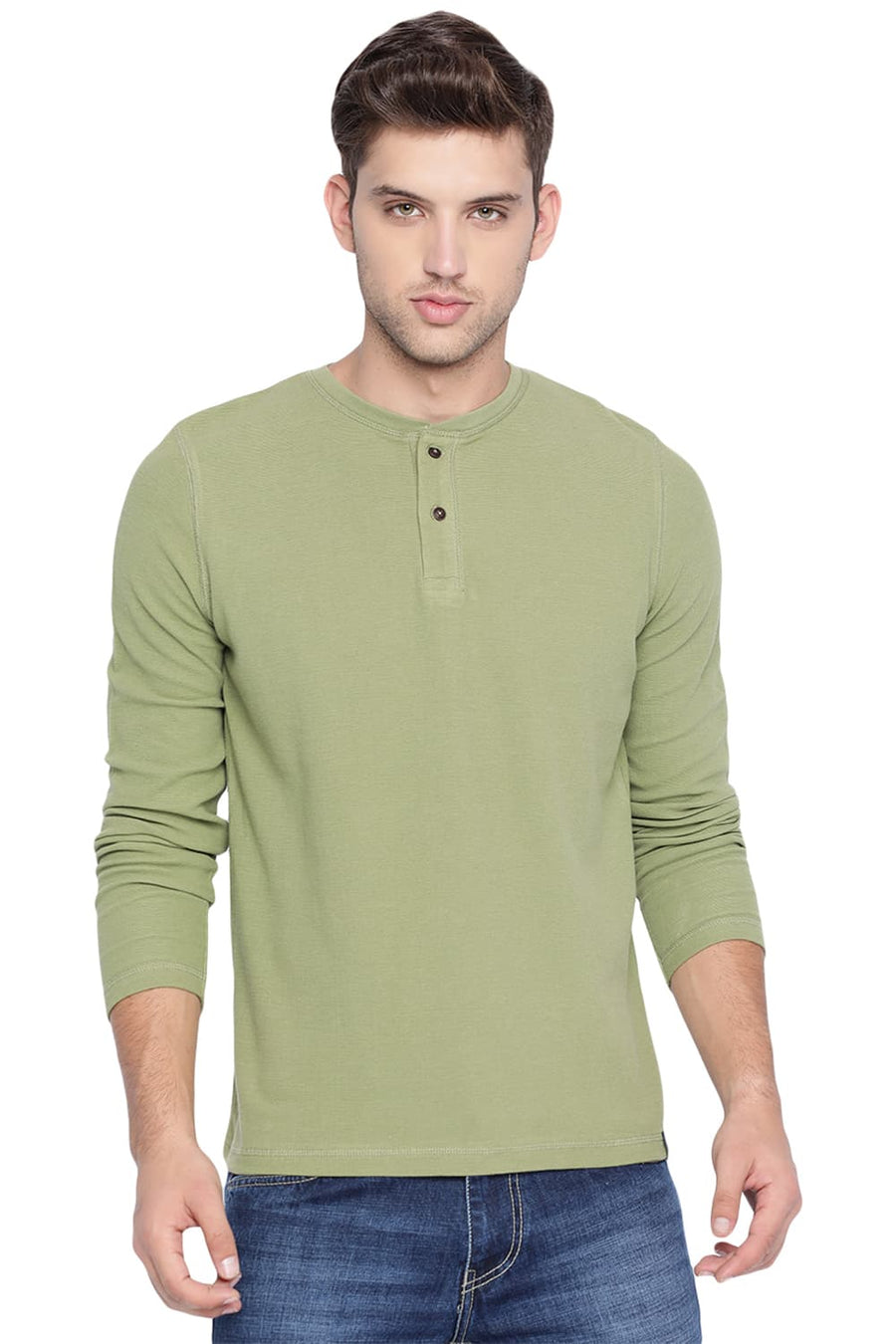 BASICS MUSCLE FIT IGUANA GREEN HENLEY T SHIRT