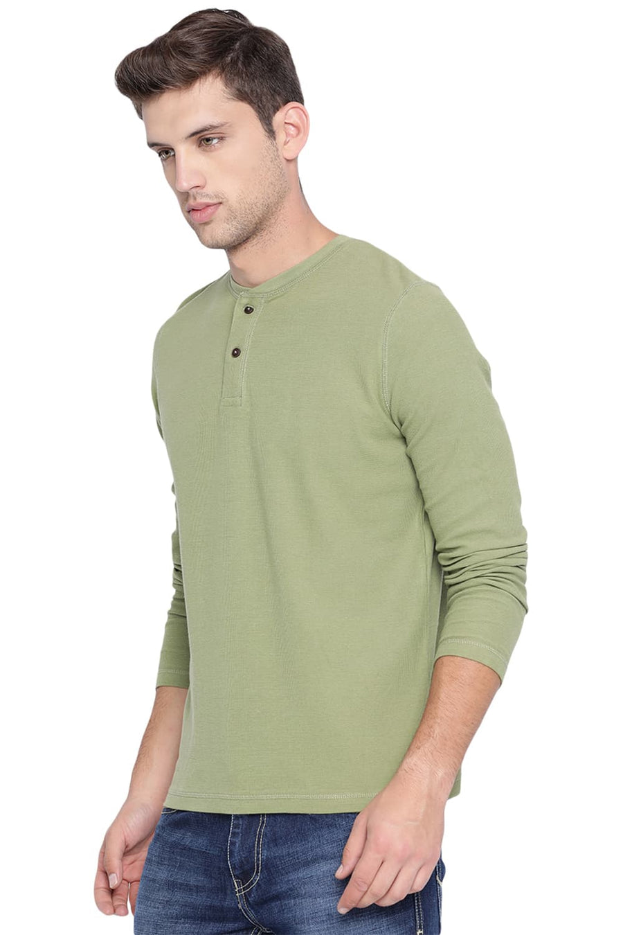 BASICS MUSCLE FIT IGUANA GREEN HENLEY T SHIRT