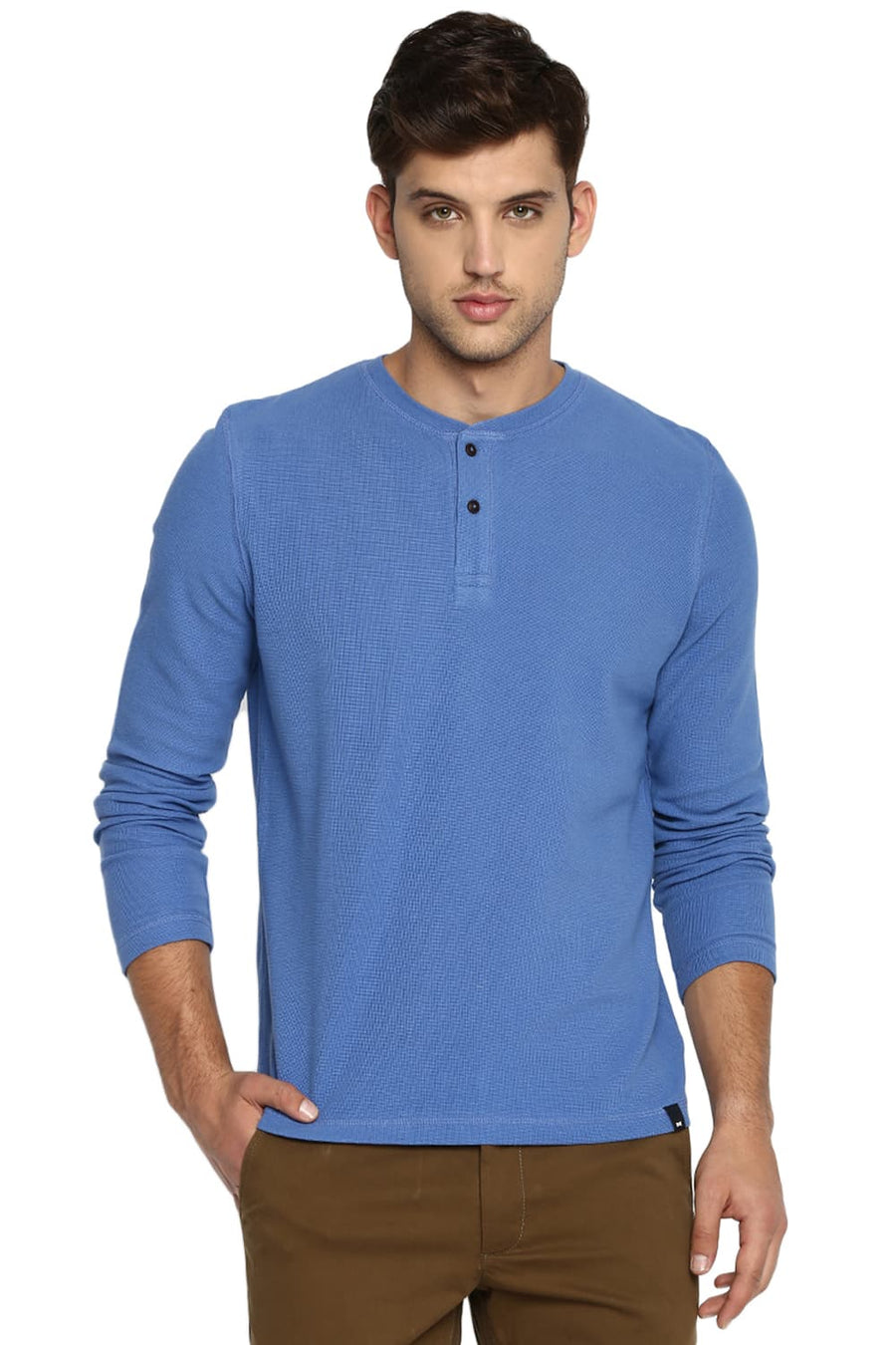 BASICS MUSCLE FIT DEDERAL BLUE HENLEY T SHIRT